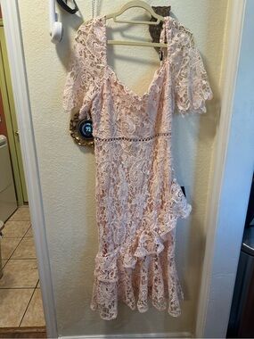 Lulu's Blush Lace Midi Dress with Ruffle Trim